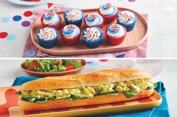 Hereford Times: (Top) Jubilee Cupcake Platter (bottom) Coronation Chicken Baguette (Morrisons/Canva)
