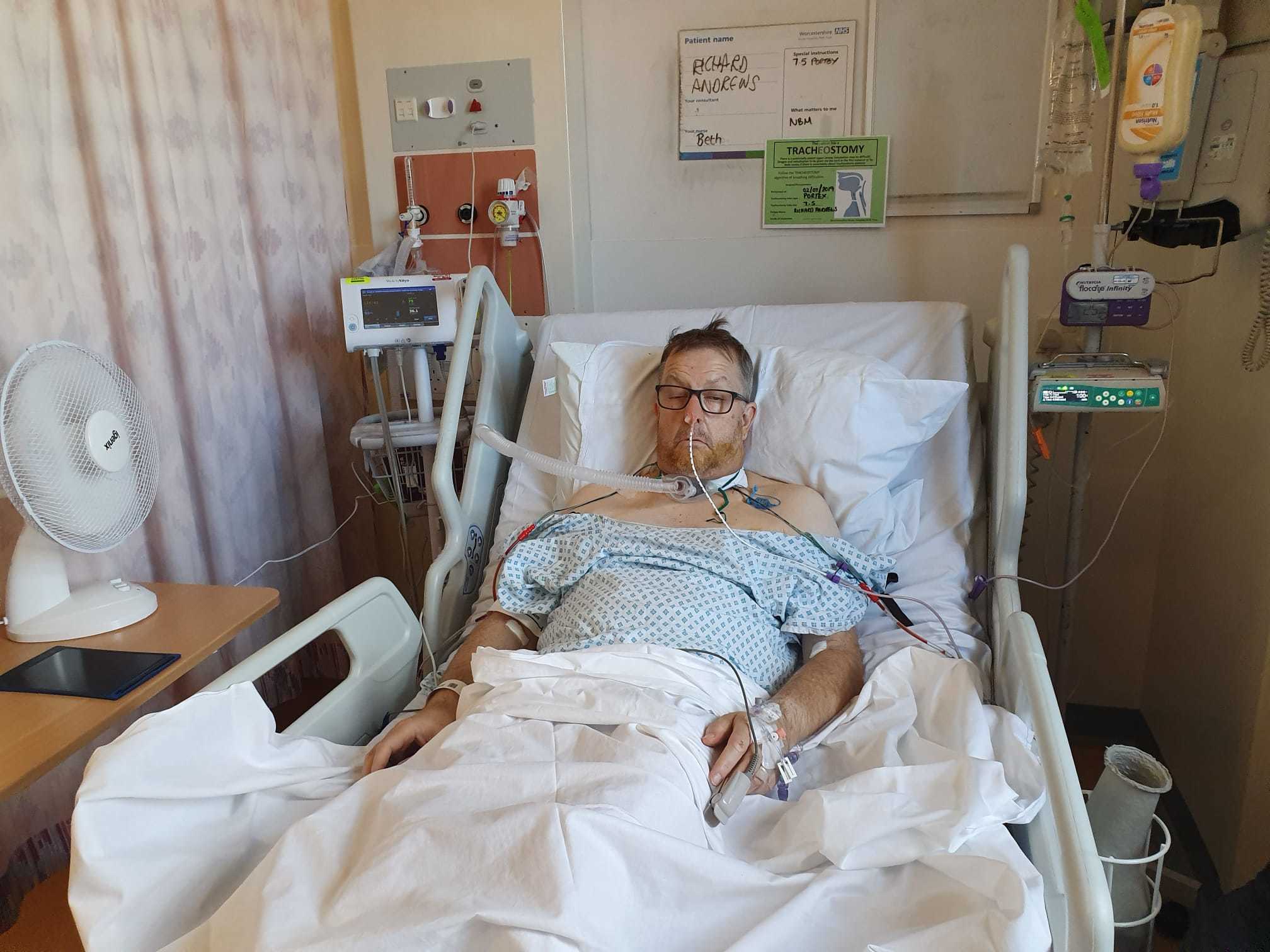 Richard Andrews in hospital during his treatment for throat cancer