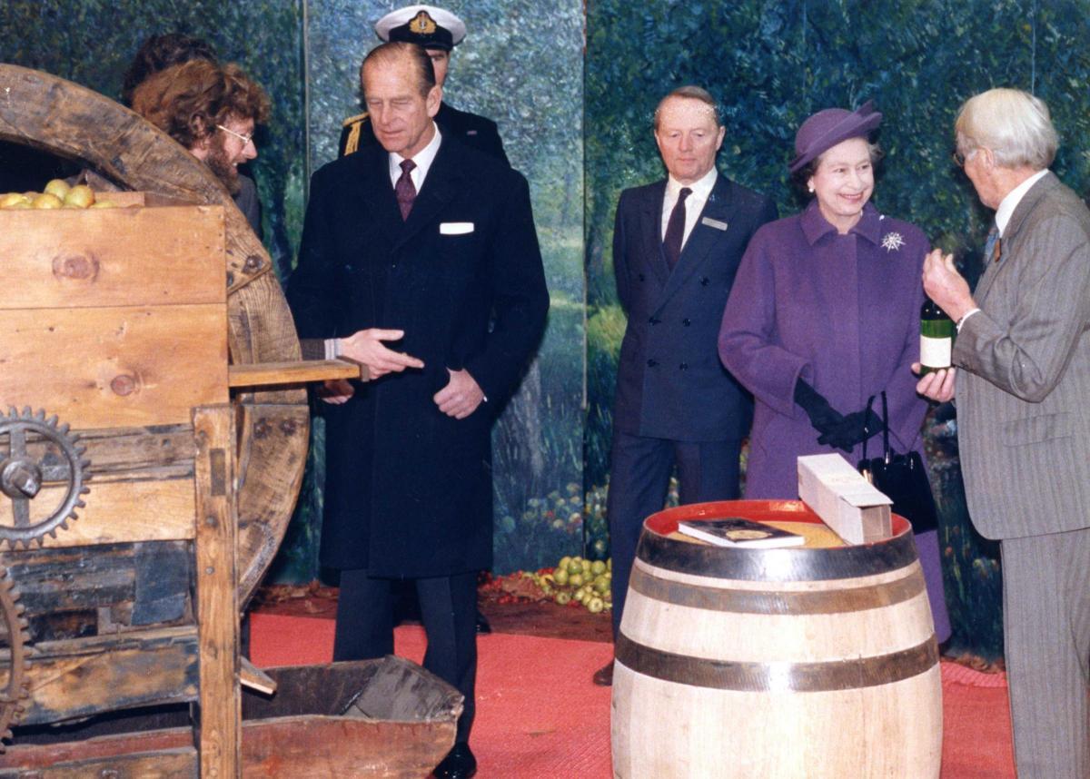 Cider Museum founder Bertam Bulmer presents the Queen with a bottle. Picture: Derek Evans Archive