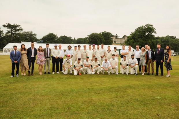 Cholmondeley Castle, The Lord's Taverners Celebrity Cricket and Lunch.  Picture Celebrity Cricket players with The Lord's Taverners guests and organisers Tom Fearnall and Peter Willis.
SW24062022.