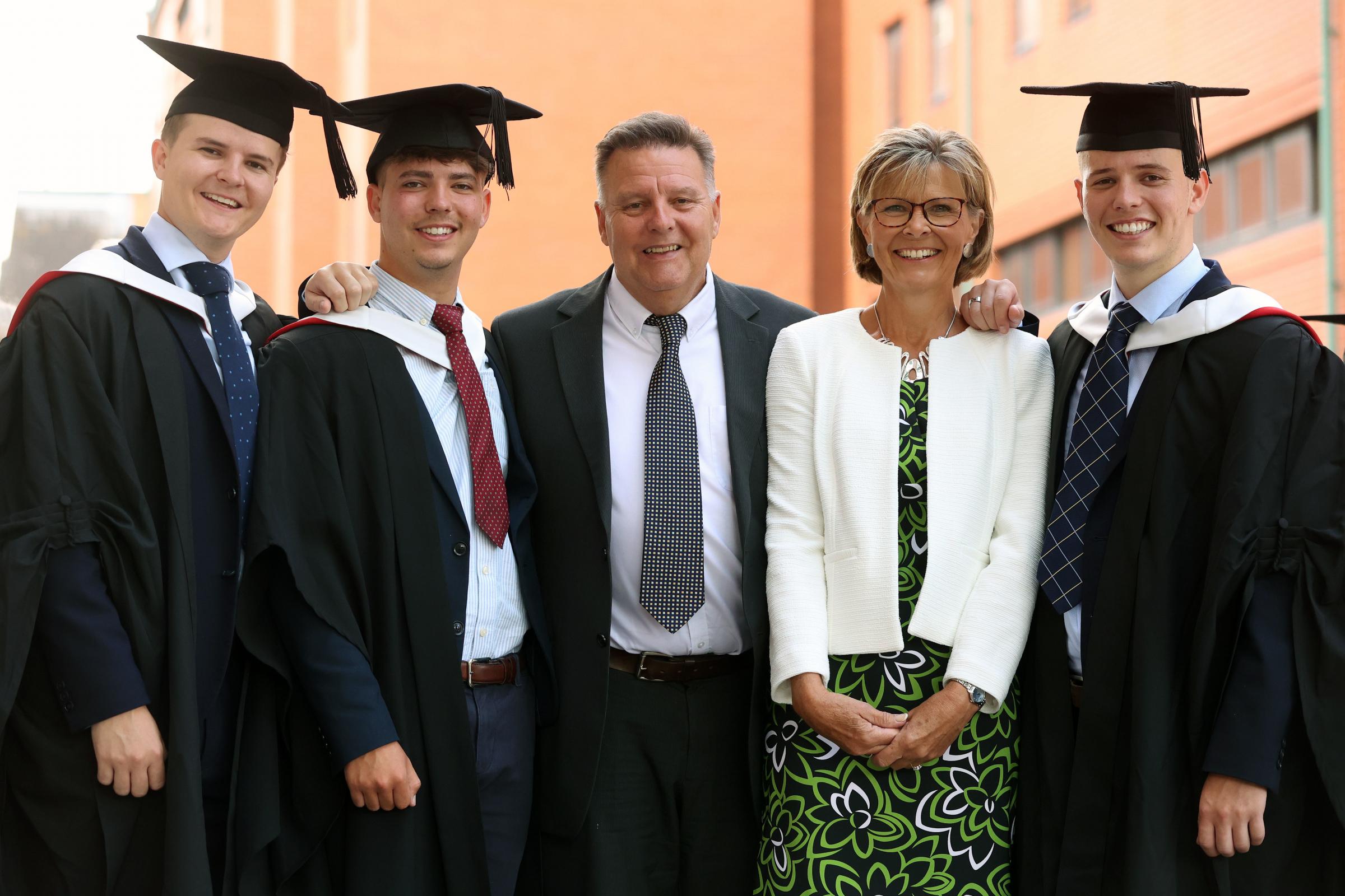 Lewis, Tom, David, Sue and Matt Hammond pictured as the family celebrated three graduations on one day. Picture: Michael Hall/Cardiff University
