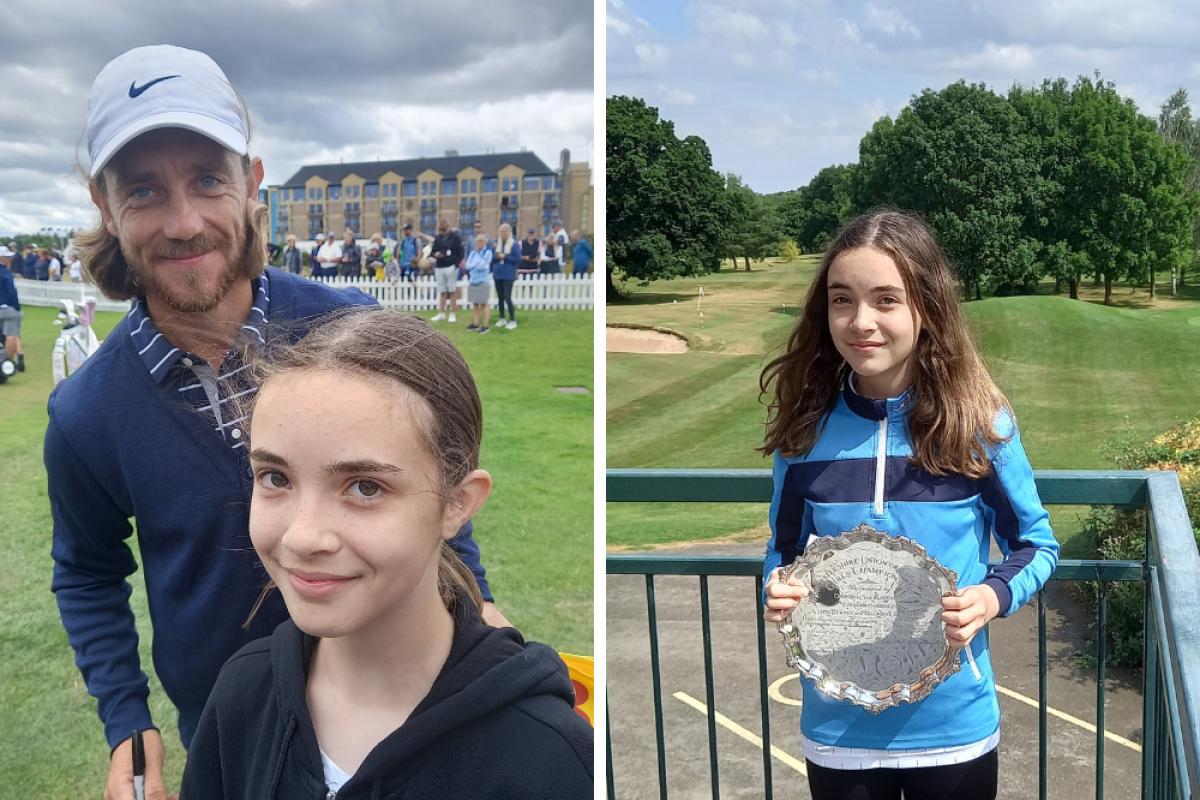 Ella Ashton with her trophy at Bransford Golf Course and a picture of her with Tommy Fleetwood who she met at The 150th Open.