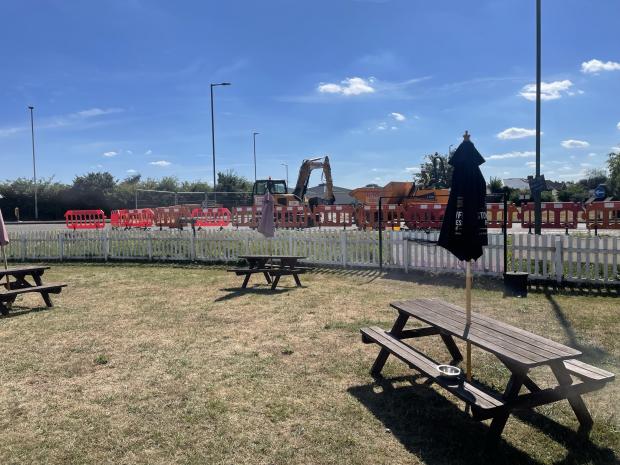 Hereford Times: Roadworks on the roundabout from the Full Pitcher's beer garden