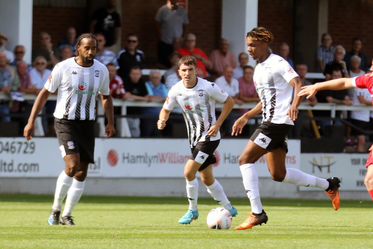 Kane Thompson-Sommers (with ball) in action for Hereford against Spennymoor Town. Picture: Steve Niblett/Hereford FC