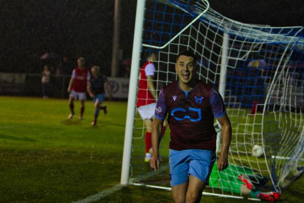 Josh Hunt celebrates scoring the opening goal for Westfields against Hereford Pegasus. Picture: Matt Cale
