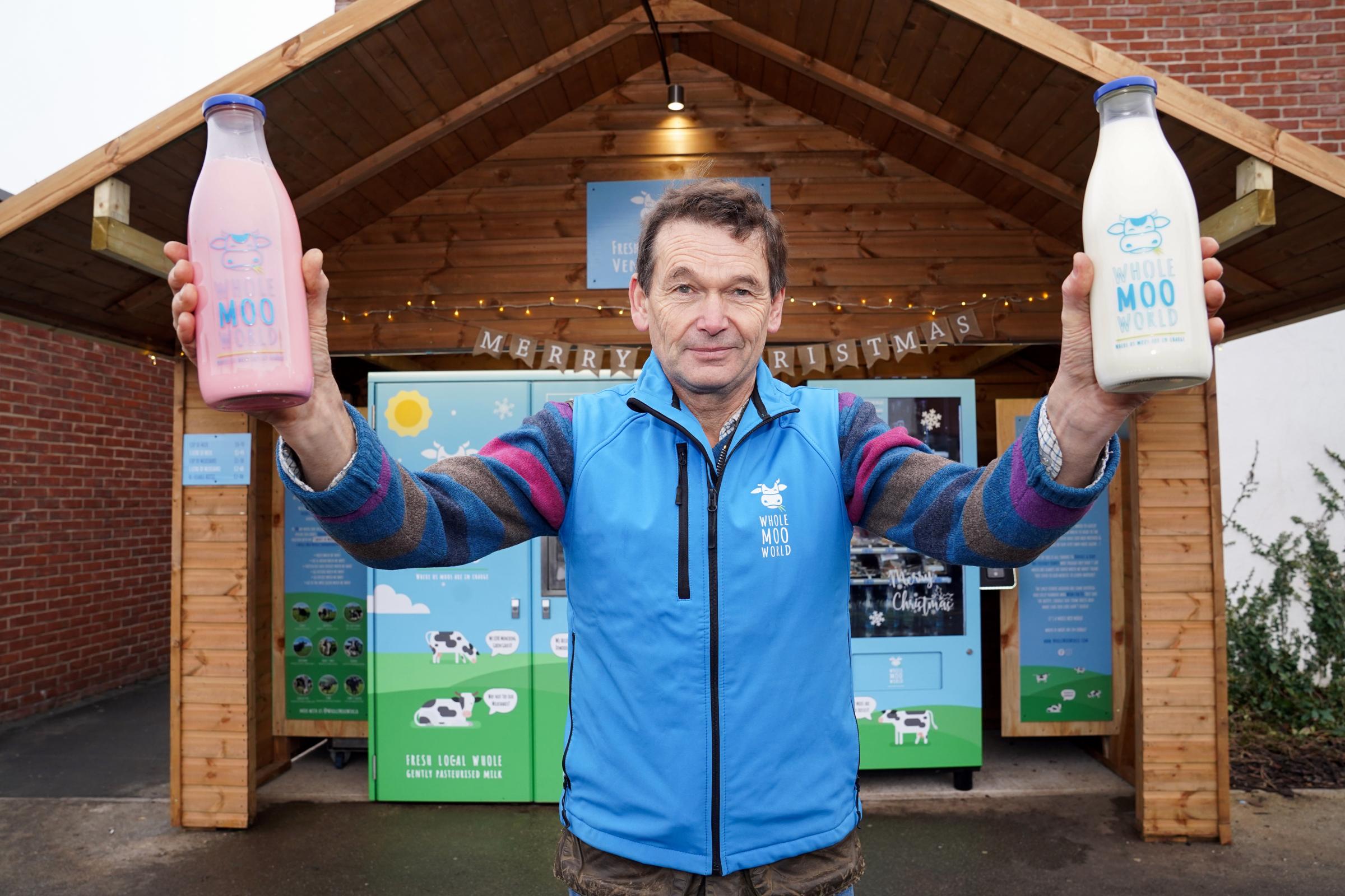 Proud owner, Mark James at the new Whole Moo World milk vending machine at the Old Market in Hereford.