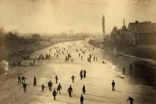 A frozen River Wye in Hereford, possibly in the 1880s