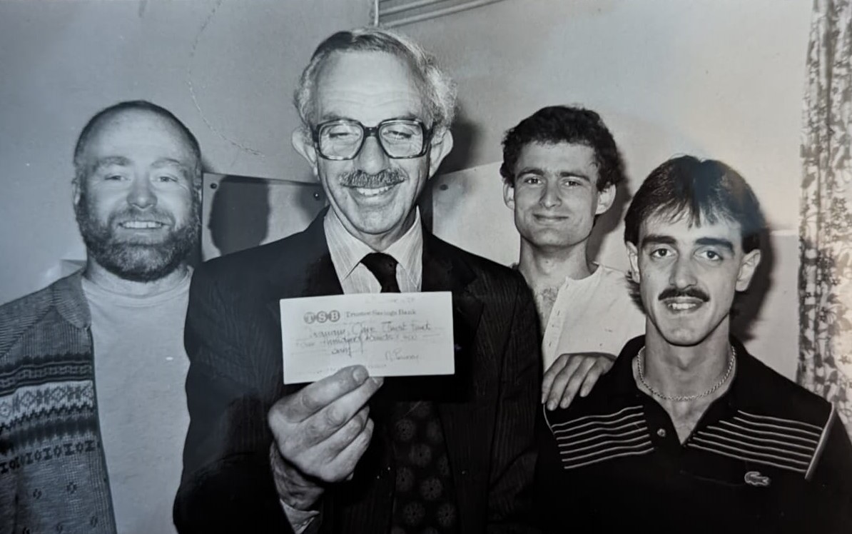 Sun Valley, 1984: Employees Mick Farley, Rob Stanton, and Nigel Powney hand over a cheque to Dr John Ross at Hereford hospital