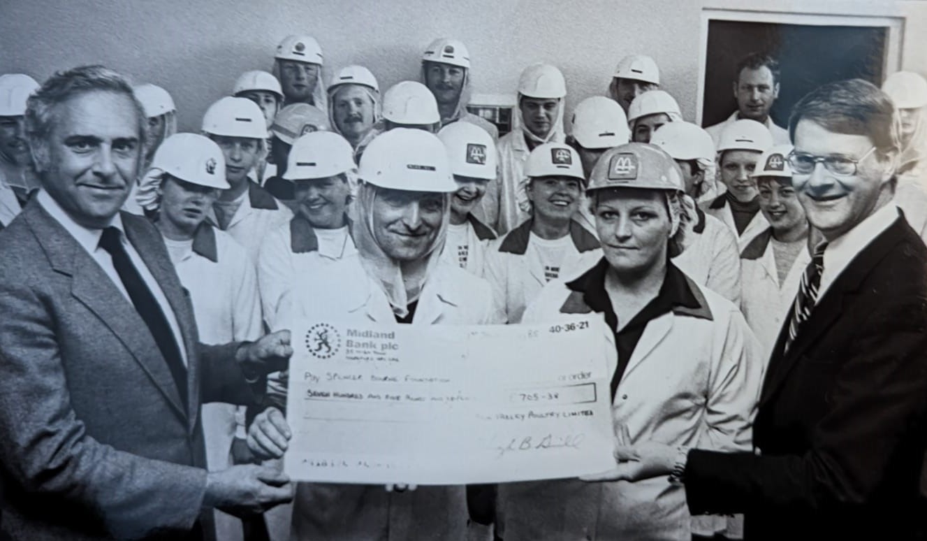 Sun Valley, 1985: Staff raised money for a leukaemia charity with a sponsored walk, pictured with Dr Geoff Cramer (left) of the Spender Bourne Foundation