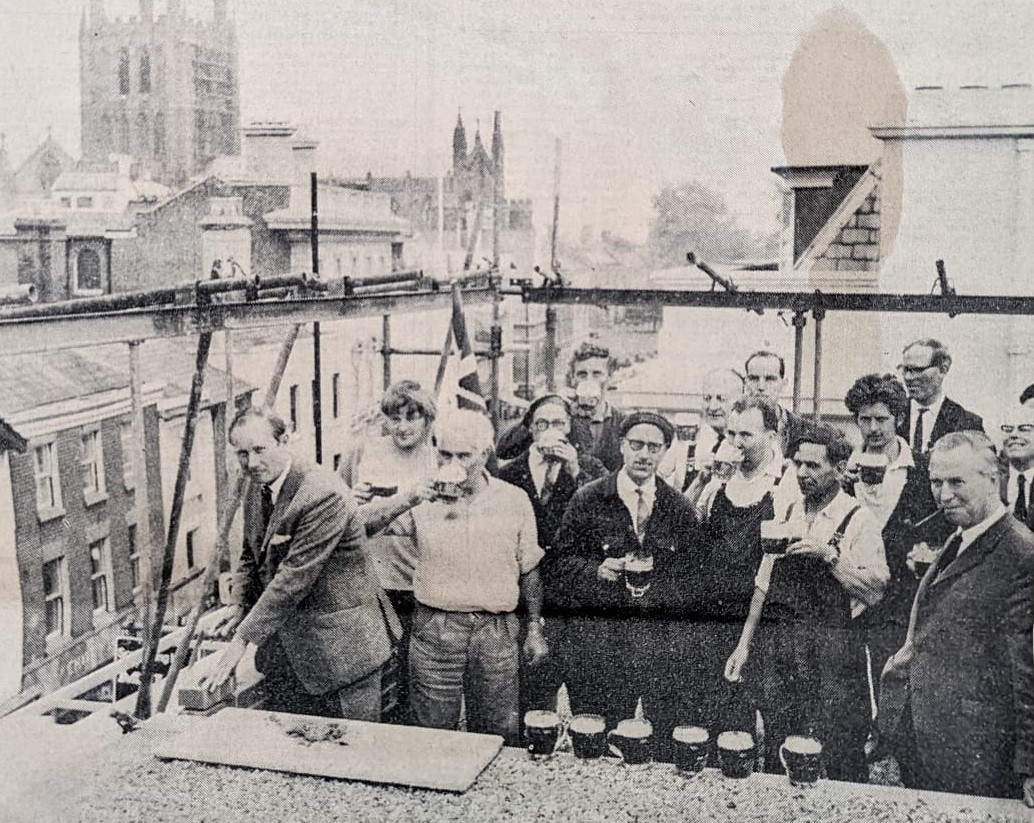 The topping off ceremony at the Kings Head in Broad Street, Hereford, 1968