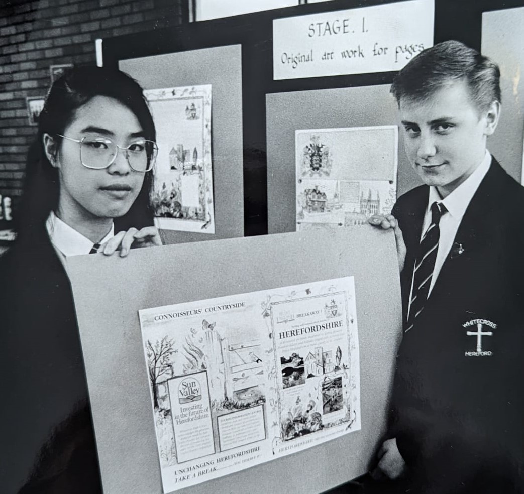 Whitecross 1989: School wins tourism competition with brochure shown by Yin Fong Kan and Tim Thomasson
