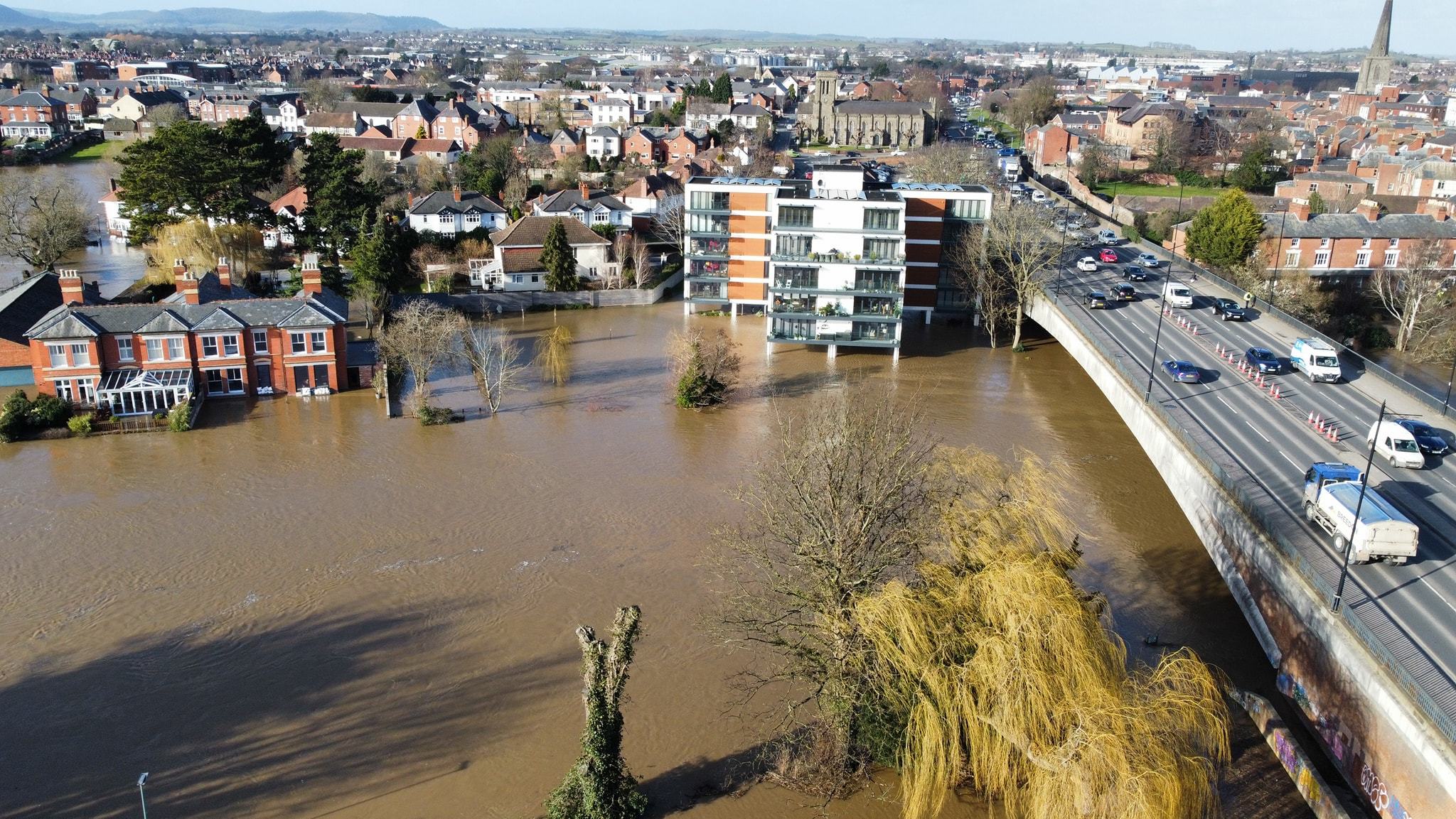 Storm Franklin flooding February 2022: The river Wye swelled and reached a heigh of almost 5.4 metres in Hereford at the Old Bridge, flooding nearby homes. Picture: Jan Laudar Sabo