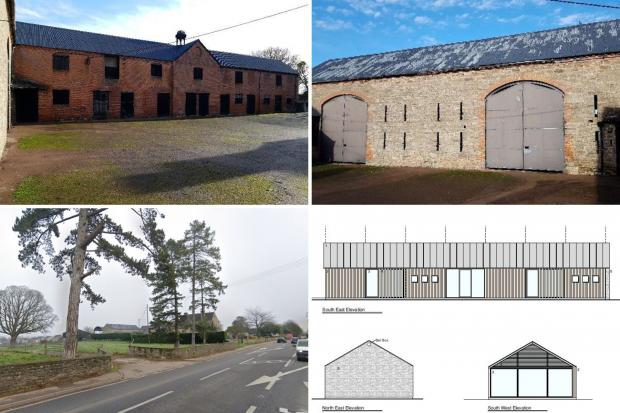 The two barns that were to be converted, plans for one of the new houses, and the view towards to farm from the A465