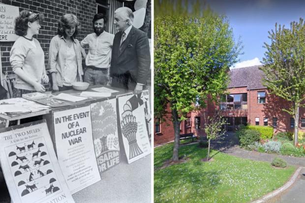 Protesters in Leominster's Corn Square meet MP Peter Temple Morris in 1982 (left), and Arkwright Court (right)