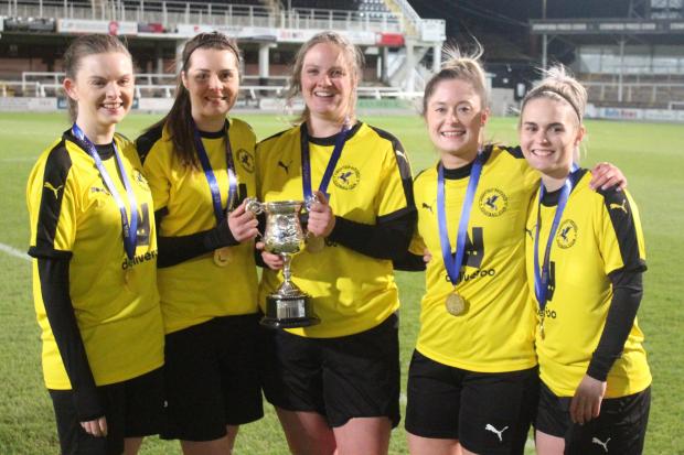 Hereford Pegasus Ladies celebrated winning the HFA Women's County Cup after beating Ross Juniors on penalties