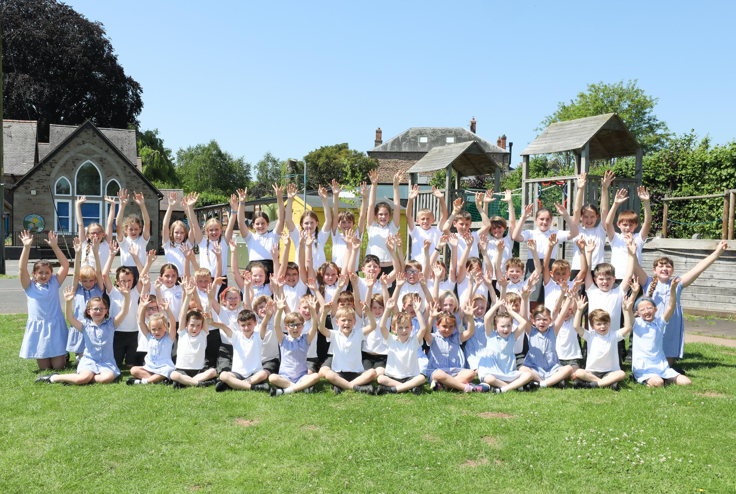 All the pupils at Pencombe C.E Primary School celebrate after being annouced Hereford Times School of the Month.