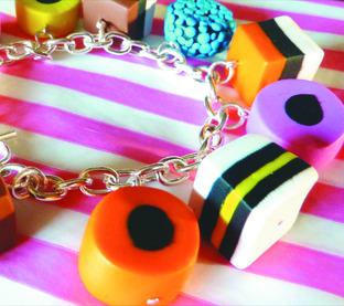 A piece of Fiction Jewellery made from liquorice allsorts.