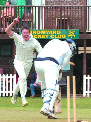 Bromyard’s teenage opening bowler Greg Leighton looks suitably delighted after bowling Pedmore’s Dave Skelding first ball on his way to a five-wicket haul. 113118-1 Picture by JAMES MAGGS
