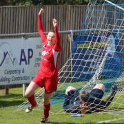 Sarah Bishop celebrates after scoring for Hereford Pegasus Ladies. Picture: Stuart Townsend/Barcud-Coch Photography