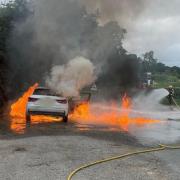 Pictures show a car engulfed in flames in Orleton, Herefordshire. Picture: Kingsland fire station