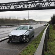 The driver managed to escape without an injury following the crash on the M5 motorway. Picture: Paul Johnson