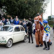 The inflatable horse pictured here outside the church at Hollie Doyle's wedding to fellow jockey Tom Marquand is to make a reappearance this weekend.     Picture: Michael Eden