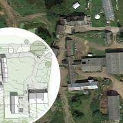 Willey Hall Farm seen from above, and a plan of the proposed redevelopment