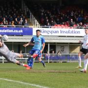 Ryan Lloyd pulls a goal back in Hereford's 2-1 defeat against Alfreton Town. Picture: Steve Niblett