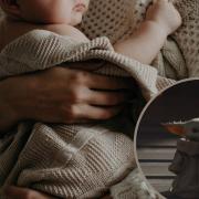 Background - A baby in a woman's arms (Canva). Circle - Baby Yoda (Disney).