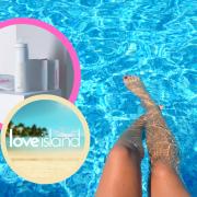(Background) A woman with her feet in the pool ( Canva) ( Pink circle) new ITV Love Island range (ITV) ( Yellow circle) Love Island logo. ( PA/ITV)