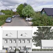 A vies of the former village hall in Garway (picture: Google Street View), and how the two planned houses will look.