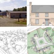 The current farm buildings, and images of how the five-home scheme would look.