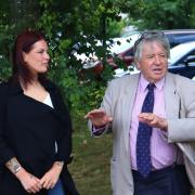 Angeline and Coun Terry James addressing a protest at Herefordshire Council headquarters in July (picture: LDRS)