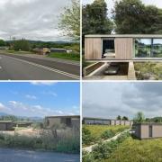 The current view of the site from the A4103, and views of the proposed houses (pictures: Google Street View / Glazzard Architects)