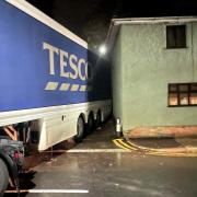 The Tesco lorry got stuck at the exit of Knapp Lane in Ledbury
