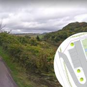 A view of the proposed site, to the right of the road, and the view beyond (from Google Street View). The plan (inset) shows the intended access off the road.