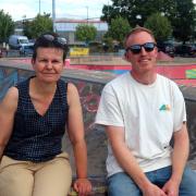 StrongerHereford board chair Abigail Appleton with Charlie Arthur at Hereford Skatepark