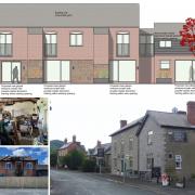 proposed rear elevations of the building, the Castle Inn from the road and current internal and external views of the area to be converted