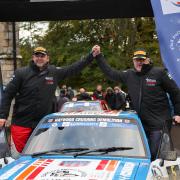 Roger Chilman and Patrick Walsh celebrate winning the British Historic National Rally overall title.