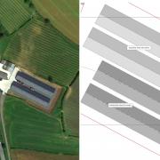 Aerial view of the existing sheds and plan showing the expansion
