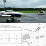 Light aircraft at Shobdon Airfield, and plans of the new hangar