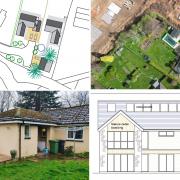 Plans of the proposed houses, the existing bungalow, and the site seen from above showing the neighbouring building plots
