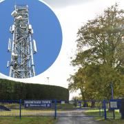 The entrance to Bromyard Town FC’s Delahay Meadow ground, and inset, a lattice telecoms tower