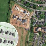 Aerial view of the development site, showing the similar development being built to the north, and a plan of the new development