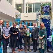Senior councillors with the Goddess of the Wye in the Plough Lane atrium