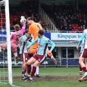 Curtis Pond sees his late header fly agonisingly wide of the Gateshead goal