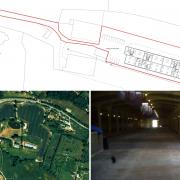 Planned layout of the conversion, aerial view of the site outlined in red, and interior view of the empty shed