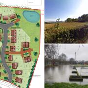 The proposed layout of the estate, the current Perry Field with nearby listed Perrywood House, and recent flooding on the adjoining playing field.