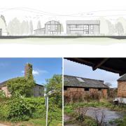 View of the proposed houses, the farmhouse to be renovated, and the existing barns