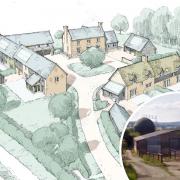 Illustration of the new farm development, and inset, the current farm buildings